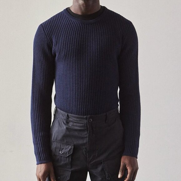 Engineered Garments Crew Neck Fisherman Sweater in Navy Waffle - Picture 1 of 11
